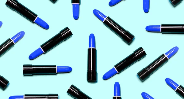 Set Van Donker Blauwe Lippenstift Geïsoleerd Blauwe Kleur Achtergrond Kleurrijke — Stockfoto