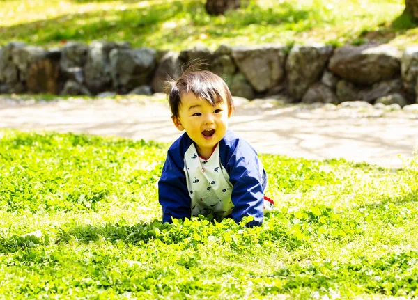 Porträt Eines Fröhlich Lächelnden Kleinen Jungen Der Auf Dem Gras — Stockfoto