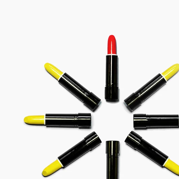 Set Yellow Red Lipstick Isolated Equalled Circle White Color Background — Stock Photo, Image