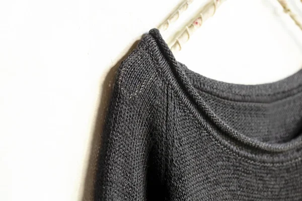 Black Sweater Cut Sew Hanging Clothes Hanger White Background Close — Stock Photo, Image