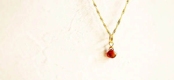 Zlatý náhrdelník s kamenem Kaštanově hnědého na bílém pozadí. — Stock fotografie