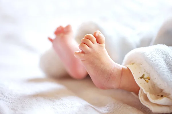 Bebê recém-nascido em um cobertor branco e azul claro - pequenos pés de bebê . — Fotografia de Stock