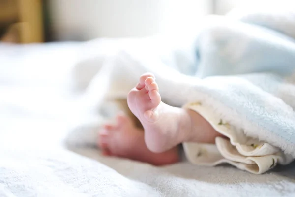 Bebê recém-nascido em um cobertor branco e azul claro - pequenos pés de bebê . — Fotografia de Stock