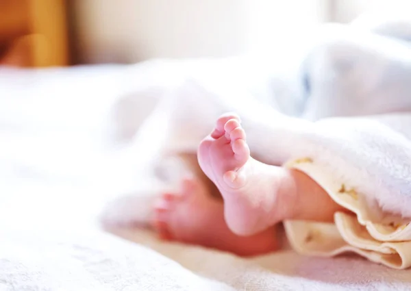 Newborn baby on a white and light blue blanket - tiny baby feet. — Stock Photo, Image