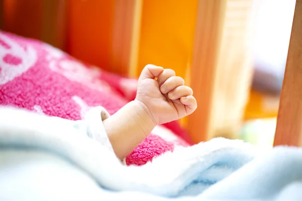 Mão de um bebê recém-nascido energético com luz azul e rosa cobertor e cama de bebê . — Fotografia de Stock