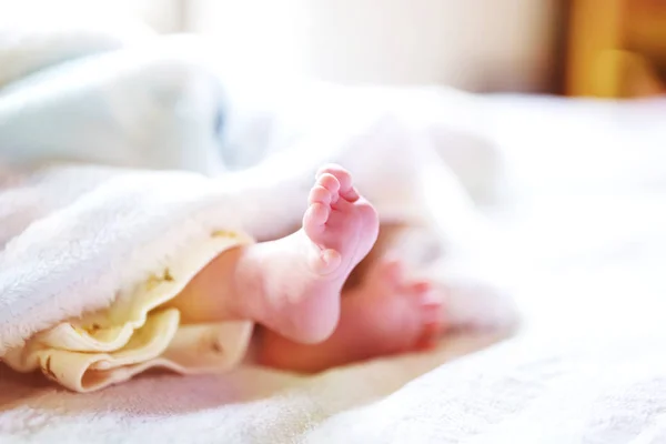 白色和浅蓝色毯子上的新生儿 - 小小的婴儿脚. — 图库照片
