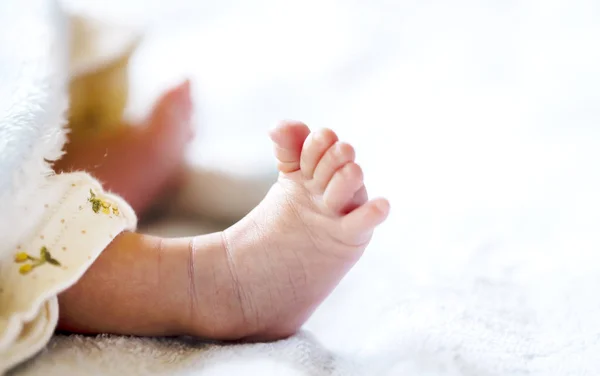 Bebê recém-nascido em um cobertor branco e azul claro - pequenos pés de bebê . — Fotografia de Stock