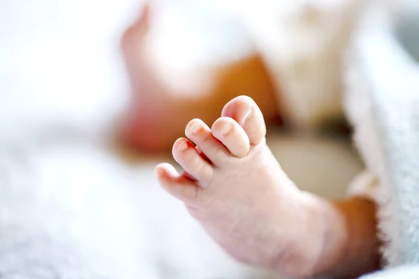 Bebê recém-nascido em um cobertor branco e azul claro - pequenos pés de bebê . — Fotografia de Stock
