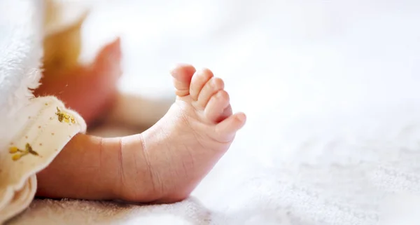 Bebê recém-nascido em um cobertor branco e azul claro - pequenos pés de bebê . — Fotografia de Stock