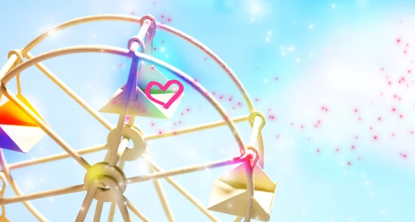 Grande roue colorée avec coeur rose du jouet sur ciel bleu avec fond scintillant . — Photo