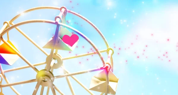 Grande roue colorée avec coeur rose du jouet sur ciel bleu avec fond scintillant . — Photo