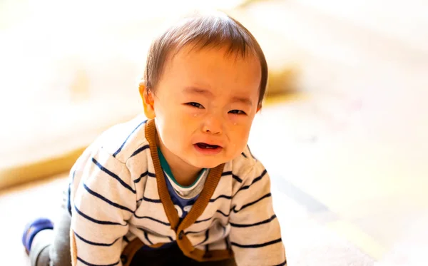 Crying Infant Baby Boy Crawling Camera Floor Copy Space — Stock Photo, Image
