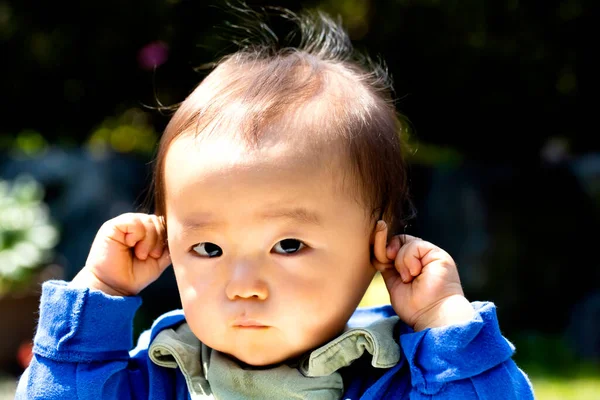 Baby Berühren Seine Ohren Isoliert Auf Einem Schwarzen Hintergrund Und — Stockfoto