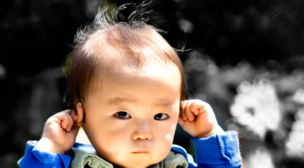 Μωρό Αγγίζει Αυτιά Του Απομονωμένο Μαύρο Φόντο Και Αντιγράφει Χώρο Φωτογραφία Αρχείου