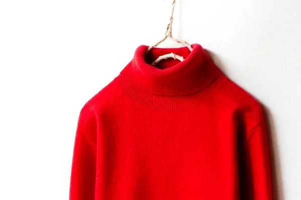 Red Wool Sweater Hanging Clothes Hanger White Background Close — Stock Photo, Image