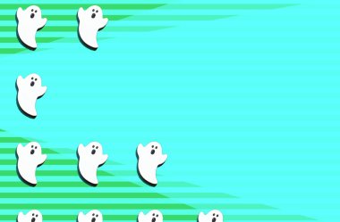 Yeşil renkli yatay çizgiler ve düz arkaplan ve kopyalama alanı üzerinde izole edilmiş beyaz hayaletler kümesi. Cadılar Bayramı süsü rengarenk tonlardır..