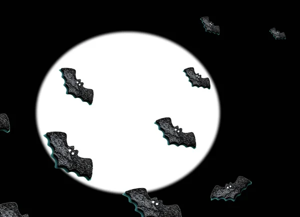 一组黑色蝙蝠被隔离在带有白色月亮背景的黑色上 复制你的文字空间 蝙蝠在夜空的月亮上飞翔的图像 — 图库照片