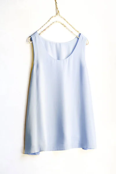 Light Blue Tank Top Hanging Hanger White Wall Close — Stock Photo, Image