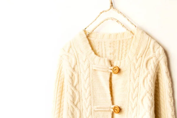 Beautiful Luxurious Whole Knitted Cardigan Light Beige White Background — Stock Photo, Image