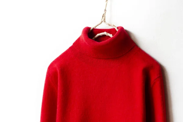 Red Wool Sweater Hanging Clothes Hanger White Background Close — Stock Photo, Image