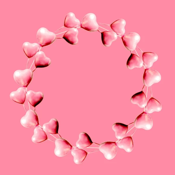 Σύνολο Του Κύκλου Από Ροζ Καρδιές Που Απομονώνονται Ροζ Φόντο — Φωτογραφία Αρχείου