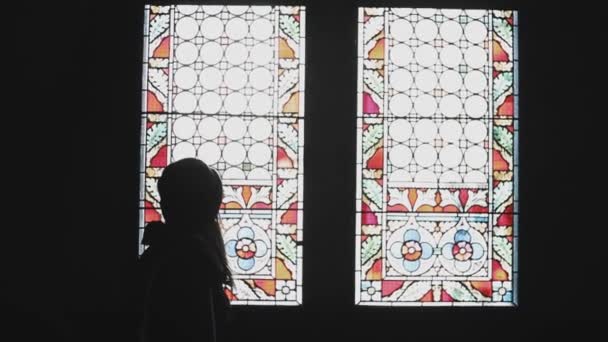 Jonge toeristische silhouet van de vrouw voor een raam van gekleurd glas — Stockvideo