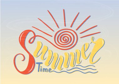 Güzel el yazısı metin yaz saati. Güneş, deniz, dalganın dokulu nesneleri vektör Illustration bir arka plan üzerinde. Kartpostallar, reklam, posterler, afişler, süs eşyaları için