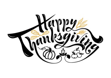 Bir kartpostal, simge, logo, dokulu bir arka plan üzerinde güzel el yazısı metnini yazdırın. Sonbahar tatil için Şükran gününüz kutlu olsun. Kabak, mum, yaprakları nesneleri ile vektör.
