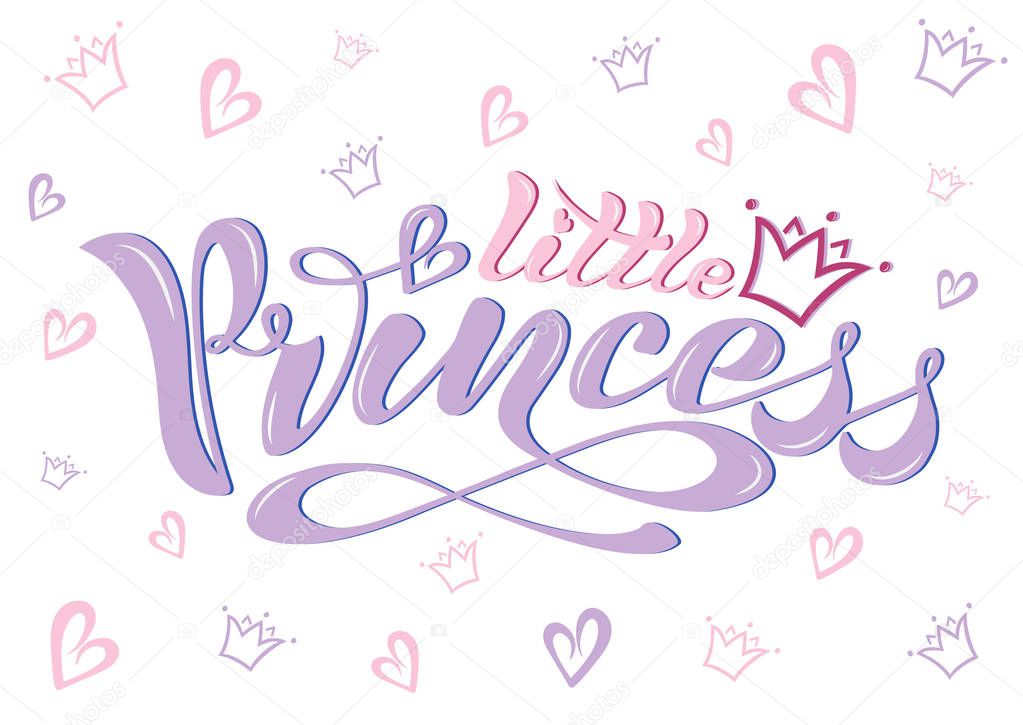 Beautiful handwritten text, calligraphy on a textured background. Vector. Inscription little princess with a crown and hearts for cards, poster, print, logo, print for clothes