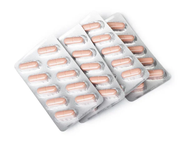 Tabletták Egy Csoportja Buborékfóliában Elszigetelt Fehér Background — Stock Fotó
