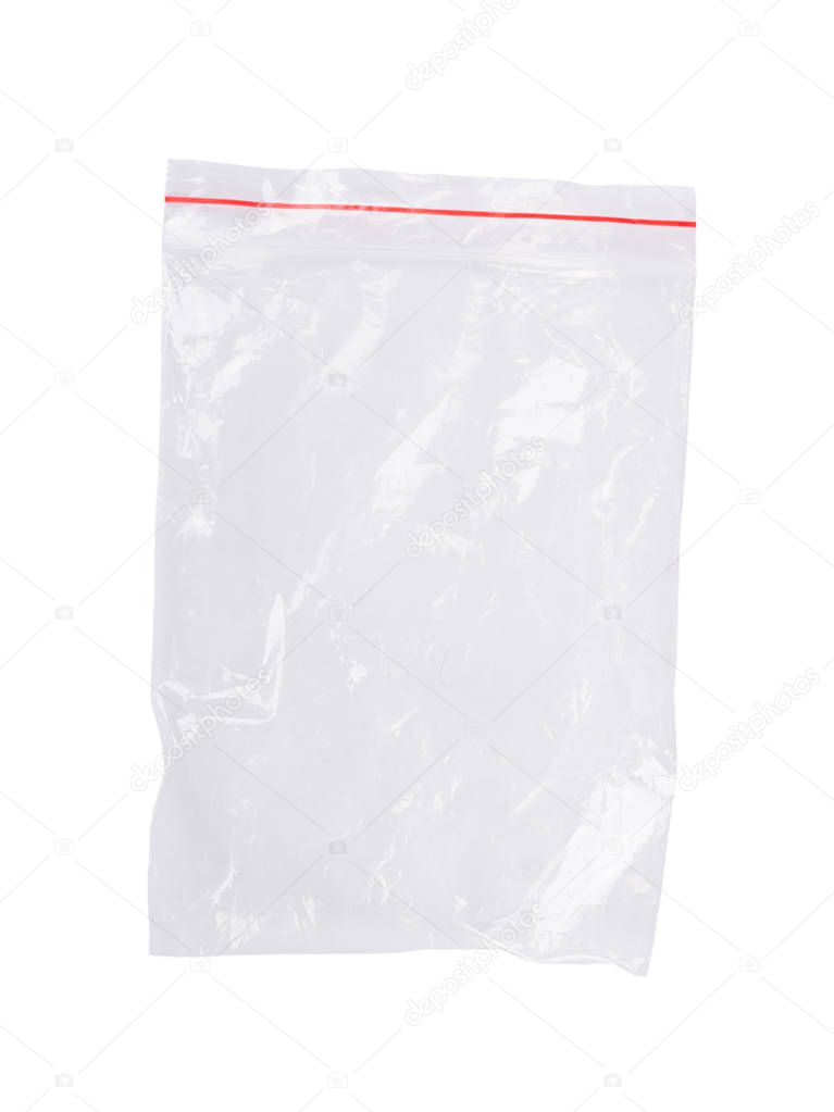 Plastic bag zipper closeup isolated on white background
