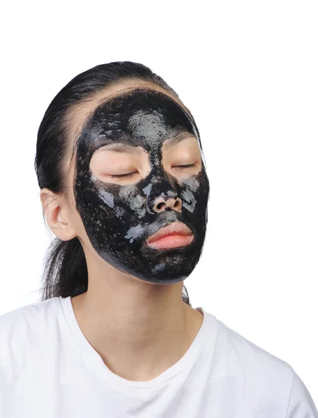 Azjatyckie Kobiety Czarnym Spa Maski Twarzy Piękno Pojęcie Białym Tle — Zdjęcie stockowe