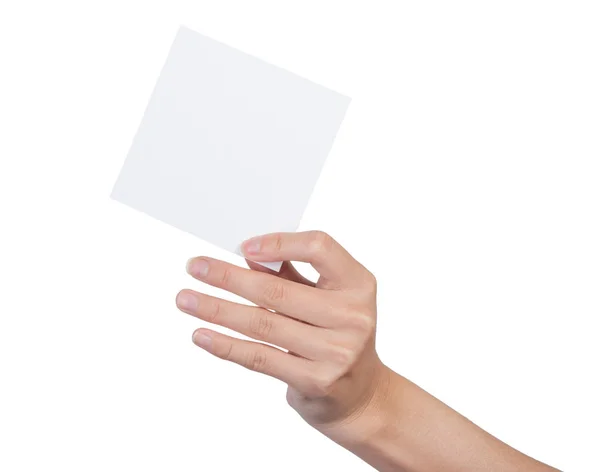 Mão Feminina Segurando Folha Papel Branco Isolado Branco — Fotografia de Stock