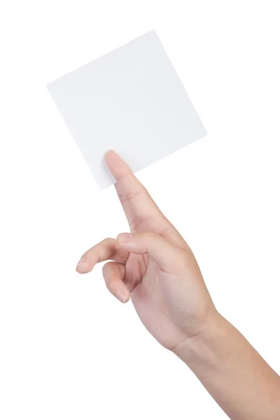 Женщина Держит Чистый Лист Бумаги Изолированный Белом — стоковое фото