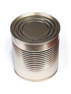 Boş tincan metal konserve yaldızlı, konserve gıda. Beyaz arka plan üzerinde izole. Gerçek ürün paketleme
