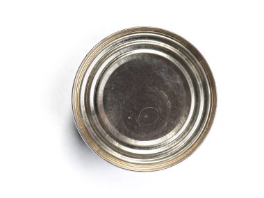 Boş tincan metal konserve yaldızlı, konserve gıda. Beyaz arka plan üzerinde izole. Gerçek ürün paketleme