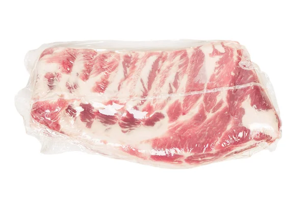 Carne Costillas Cerdo Fresca Envasada Vacío Aislada Blanco — Foto de Stock