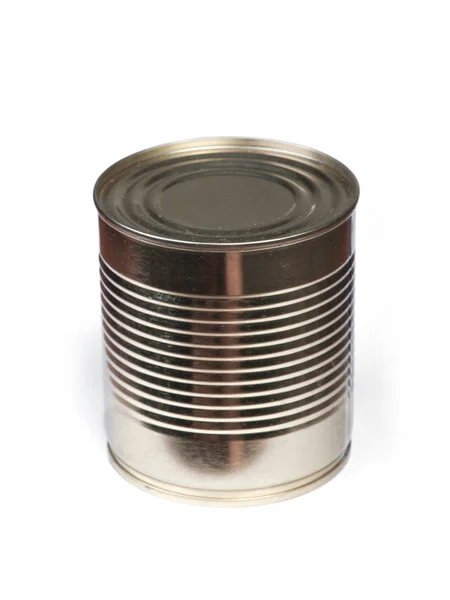 空白镀金金属锡罐 罐头食品 隔离在白色背景上 真正的产品包装 — 图库照片