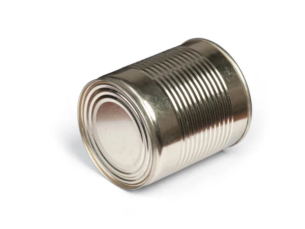 空白の空缶は 金色の金属製の缶 缶詰します 白い背景上に分離 実際の製品梱包 — ストック写真