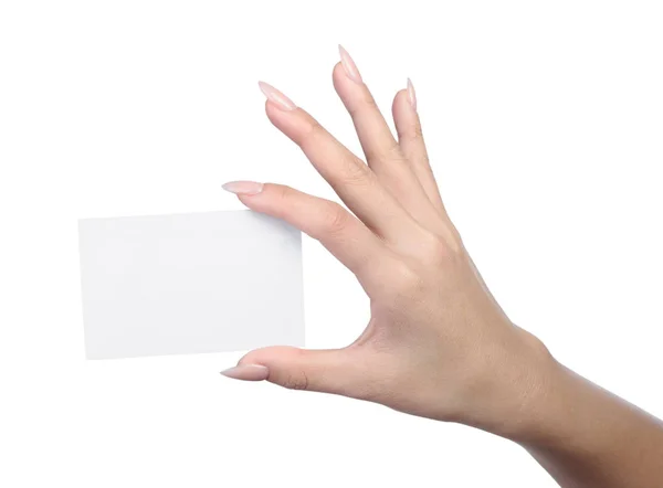 Κενό φύλλο χαρτιού στο γυναικείο χέρι — Φωτογραφία Αρχείου