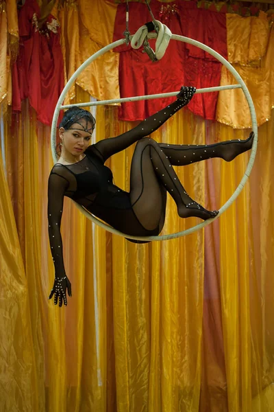 Sporty girl posing with aerial hoop