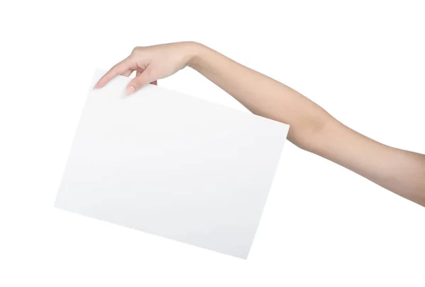 Κενό φύλλο χαρτιού στο γυναικείο χέρι — Φωτογραφία Αρχείου