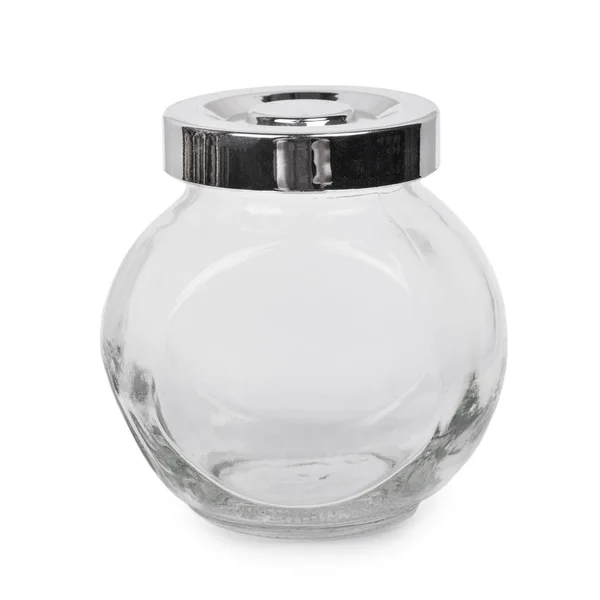 Um pequeno frasco de vidro vazio isolado — Fotografia de Stock