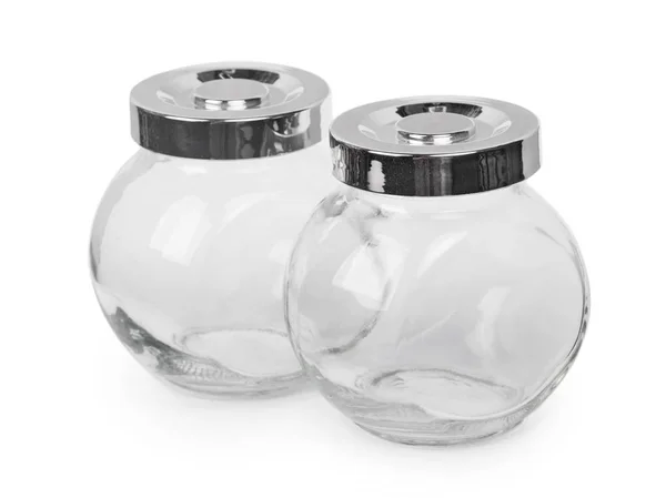 Dos pequeños frascos de vidrio vacíos aislados —  Fotos de Stock