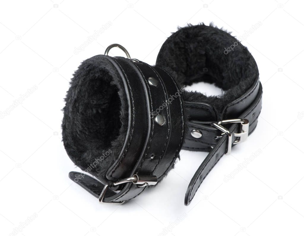 Pair of a black fetish leather handcuffs