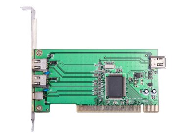 Firewire 1394 PCI kontrol kartı beyaz arkaplanda izole edildi