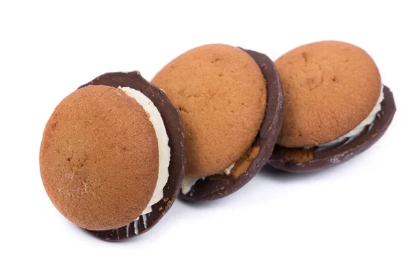 Drei Teigkeks Sandwich Mit Schokolade Und Sahne Isoliert Über Weißem — Stockfoto