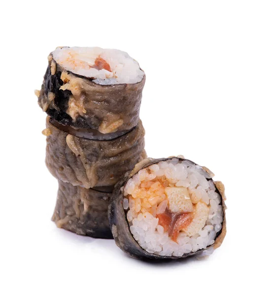 Rollos Sushi Con Nori Mariscos Panes Cocidos Aislados Sobre Fondo — Foto de Stock