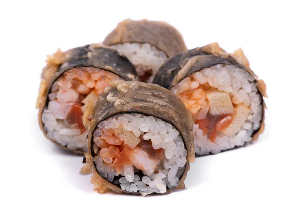 Rollos Sushi Con Nori Mariscos Panes Cocidos Aislados Sobre Fondo — Foto de Stock
