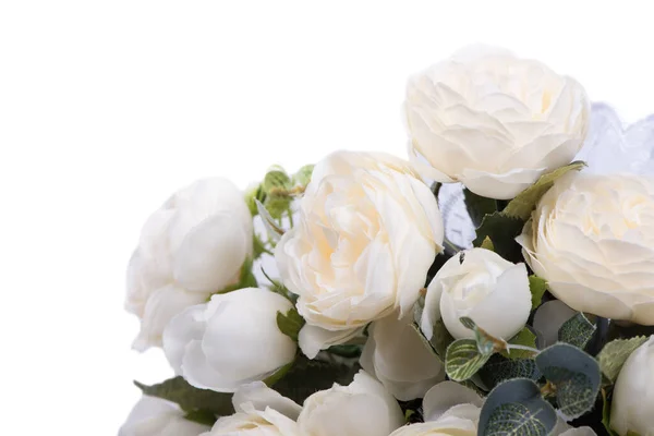 Свадебный Букет Искусственных Белых Роз Белом Фоне — стоковое фото